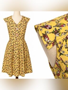 Beebop and Wally bird print fit & flare collar dress w large buttons. Quirky- S